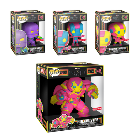 Funko Pop! Marvel: Infinity Saga (Black Light) - Iron Man (Mark 1) / Iron Man (Mark 3) / Iron Man (Mark 5) / 10" Hulkbuster [Target Exclusive] *PREORDER*